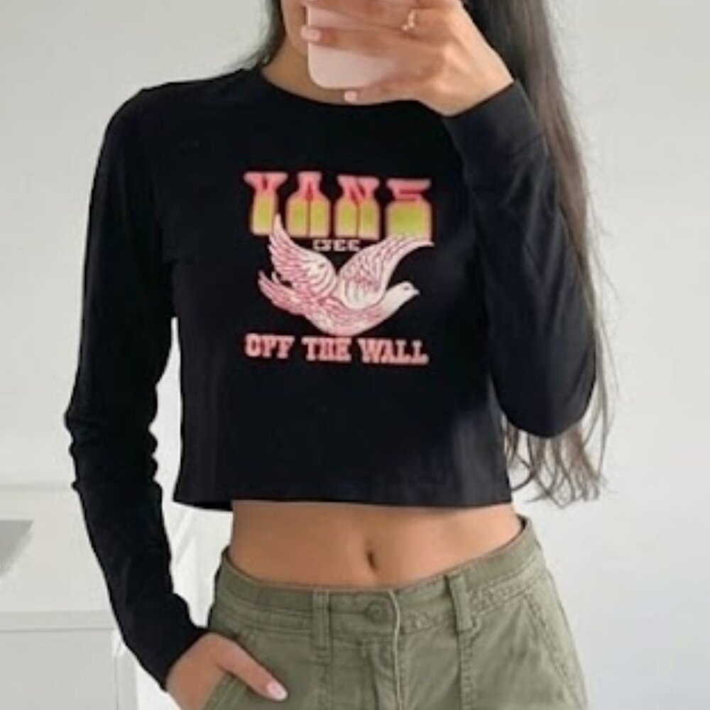 VANS Off The Wall Cropped Long Sleeve Tee Size M | Black Graphic Skate Top